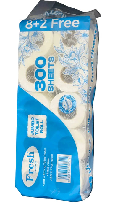Pack of toilet paper with 'Fresh' branding on a dark surface